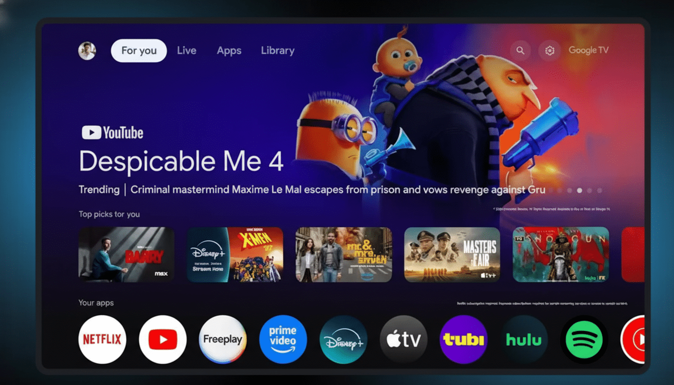 A television screen displaying the Google TV interface, featuring Despicable Me 4 as a prominent recommendation, along with various streaming app icons at the bottom.