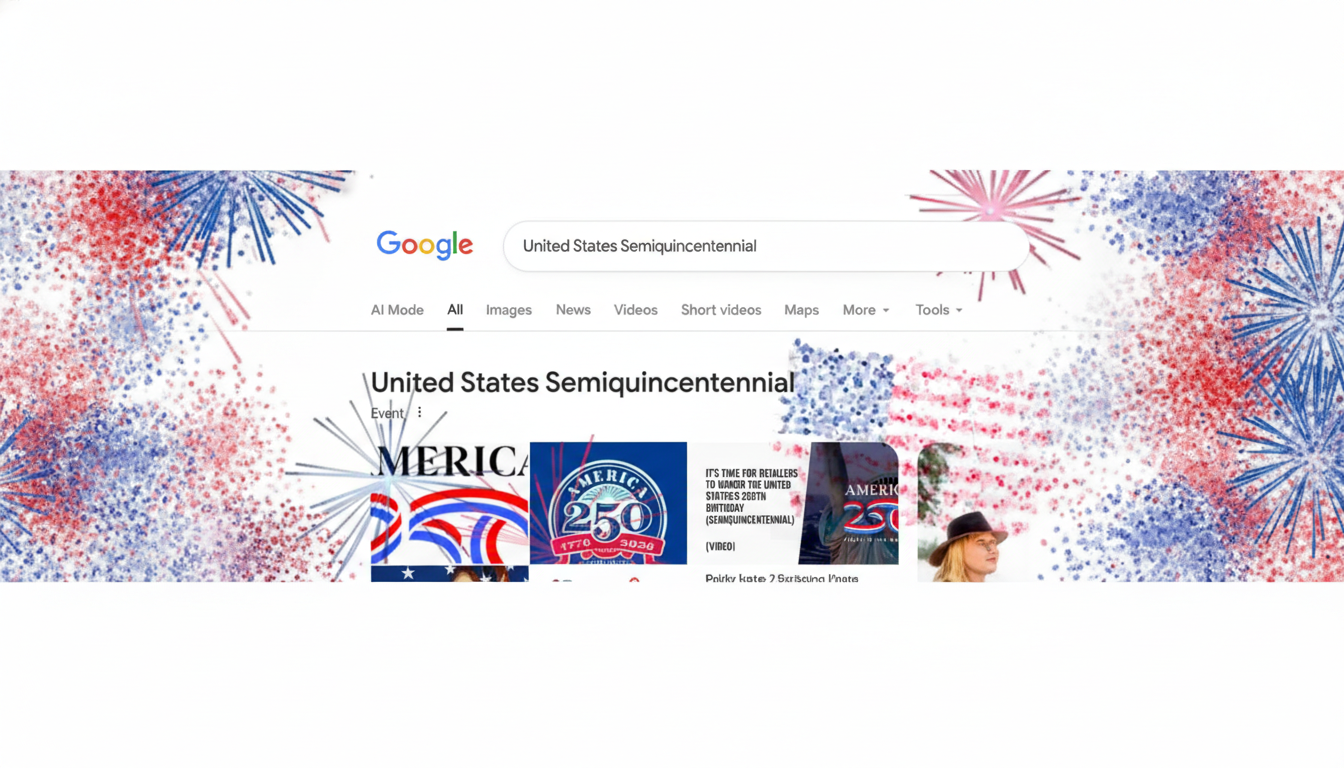 A Google search results page for United States Semiquincentennial with a festive red, white, and blue fireworks background.