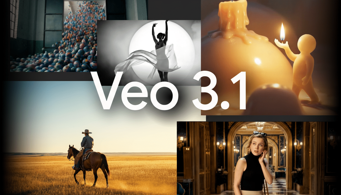 A collage of six images, with Veo 3.1 in large white text across the center. The images include colorful balls in a factory, a dancer in silhouette, a small figure holding a candle next to a melting candle, a cowboy on horseback in a field, and a woman in a luxurious hallway.