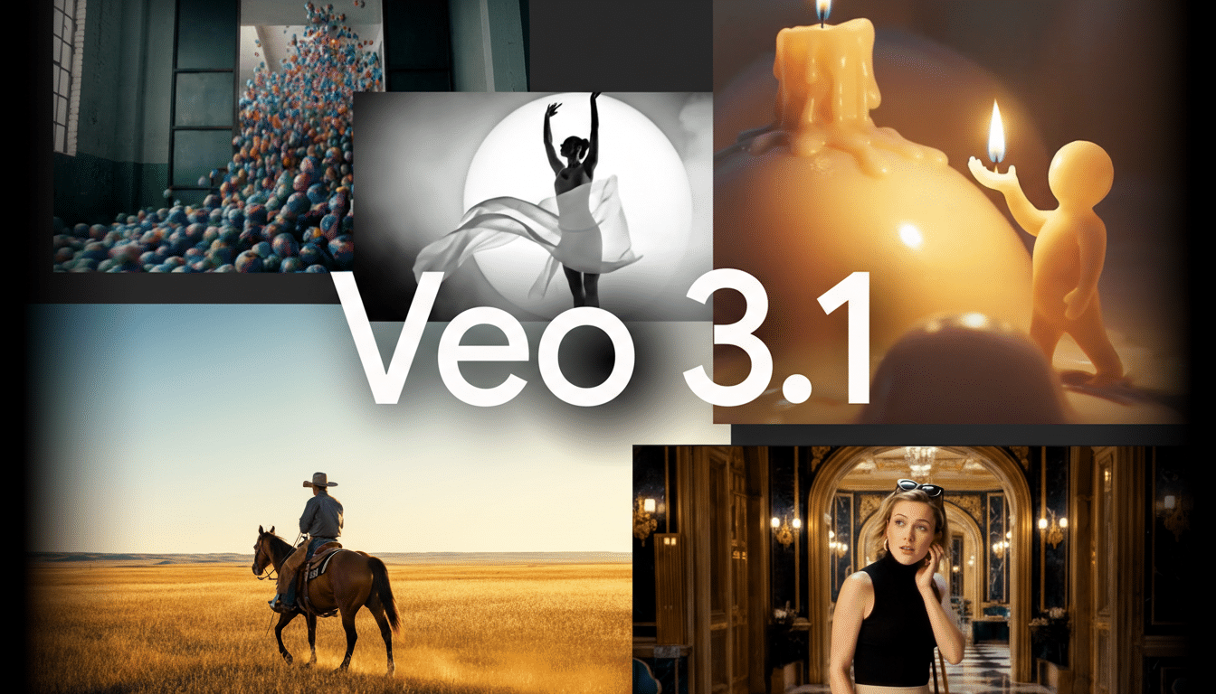A collage of five images with Veo 3.1 text overlayed in the center. The top left image shows colorful balls spilling from a container. The top center image is a black and white silhouette of a dancer. The top right image features a small figure holding a lit candle next to a large melting candle. The bottom left image shows a cowboy on horseback in a field. The bottom right image shows a woman in a hallway.