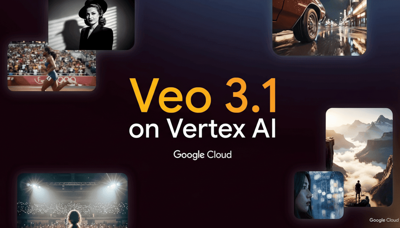 A dark background with Veo 3.1 on Vertex AI Google Cloud in the center, surrounded by five smaller images: a woman in a hat, a runner, a car wheel on a wet street, a mountain landscape, and a person looking at a screen.
