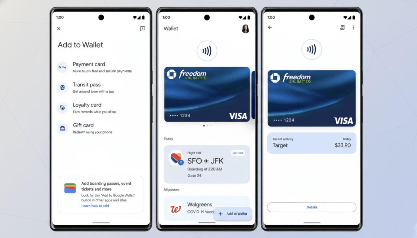 A 16:9 aspect ratio image showing three smartphone screens displaying the Google Wallet app. The first screen shows options to add payment cards, transit passes, loyalty cards, and gift cards. The second screen displays a Chase Freedom Unlimited credit card, a flight boarding pass, and a Walgreens COVID-19 vaccine card. The third screen shows the Chase Freedom Unlimited card with recent activity from Target.