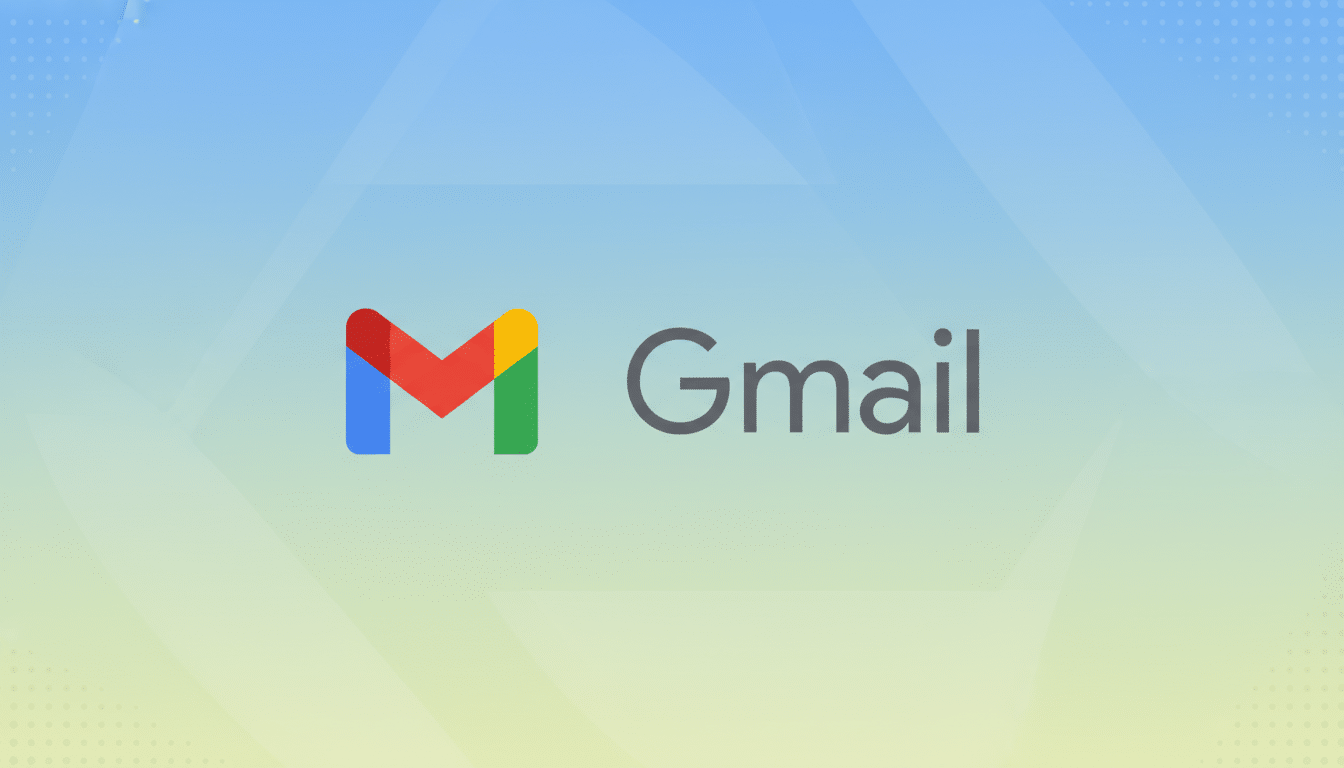 The Gmail logo, featuring a colorful M icon and the word Gmail in gray text, set against a professional flat design background with soft blue and yellow gradients and subtle geometric patterns.
