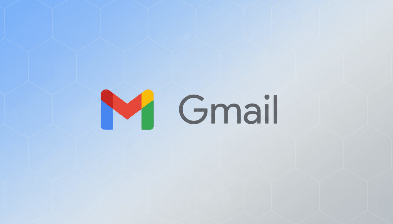 The Gmail logo, featuring a colorful M icon and the word Gmail in gray text, set against a professional light blue gradient background with subtle hexagonal patterns.