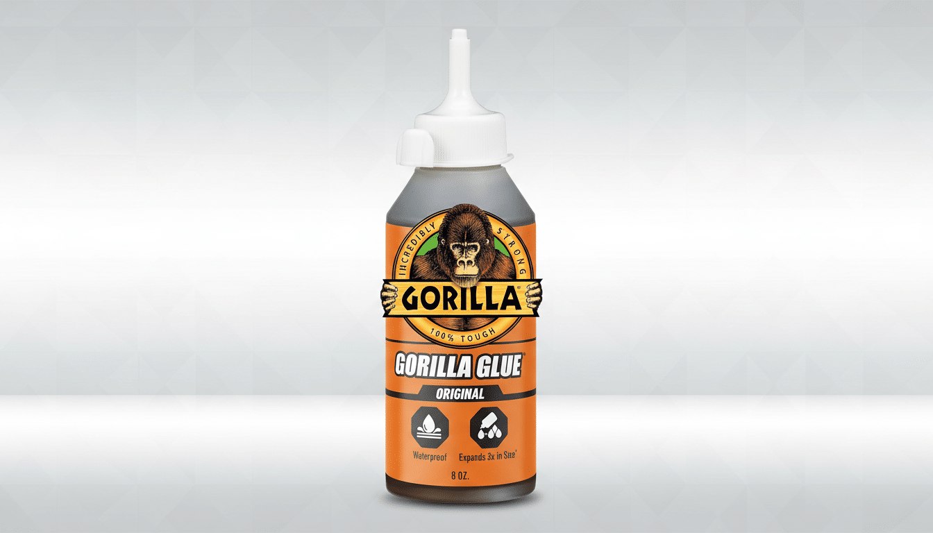 A bottle of Gorilla Glue Original, 8 oz, with a white cap and an orange label featuring a gorilla logo, set against a professional gray background with subtle geometric patterns.