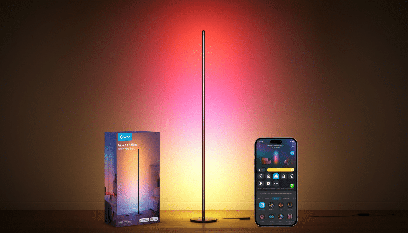A Govee RGBICW Floor Lamp Basic, its packaging, and a smartphone displaying the control app, all set against a gradient background.