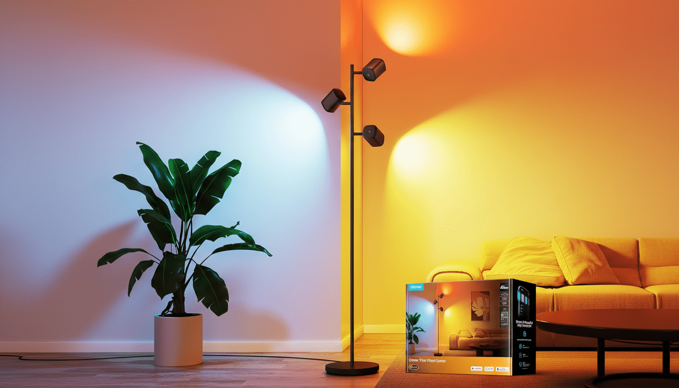 A Govee Tree Floor Lamp with three adjustable lights, illuminating a room with colorful light. A potted plant is on the left, and a yellow sofa and coffee table are on the right. The lamps packaging is visible in the foreground.