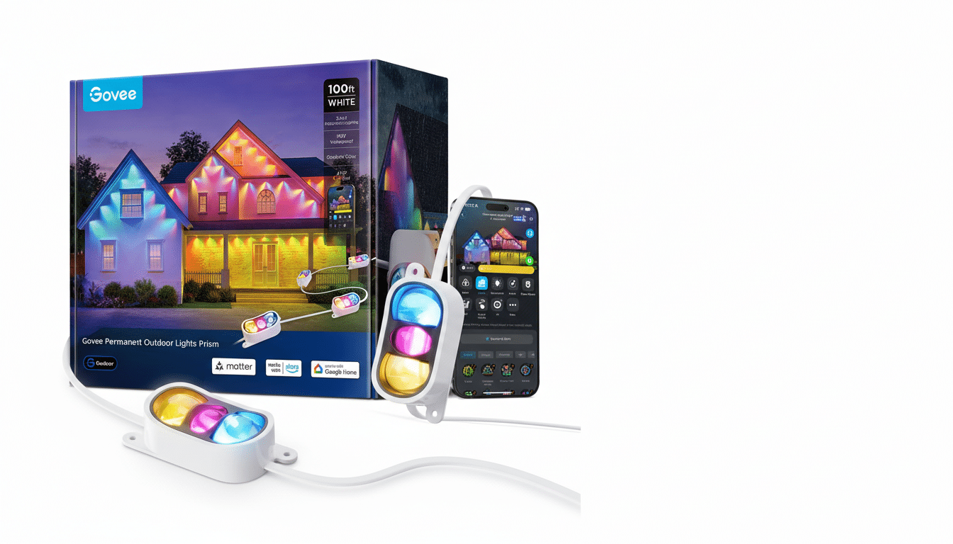 A Govee Permanent Outdoor Lights Prism product box, a smartphone displaying the Govee app, and several individual light prisms, all set against a clean white background.