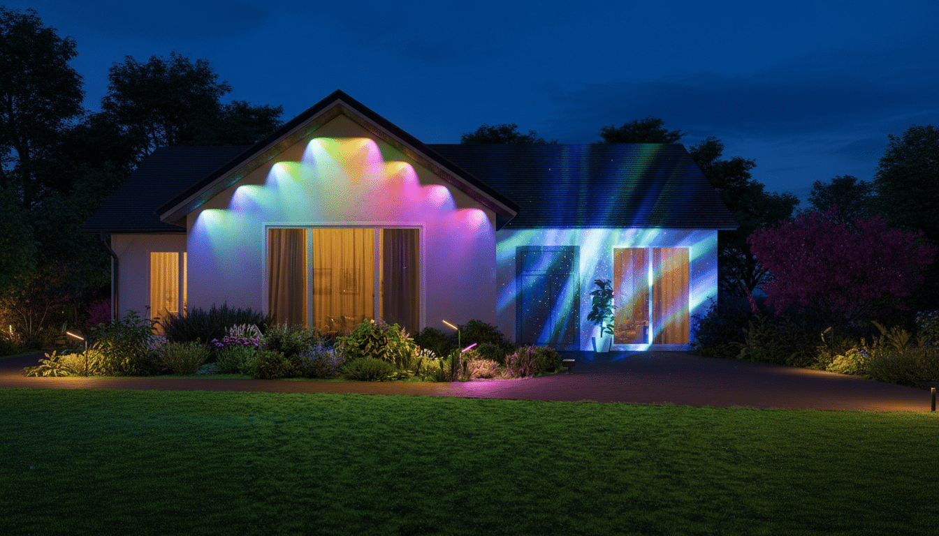 A house at night illuminated with colorful lights, showcasing a vibrant light display on its facade and a starry projection on the garage door.