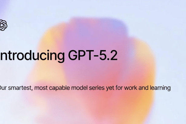 A professional presentation slide with the text Introducing GPT-5.2 and Our smartest, most capable model series yet for work and learning on a blurred, colorful background.
