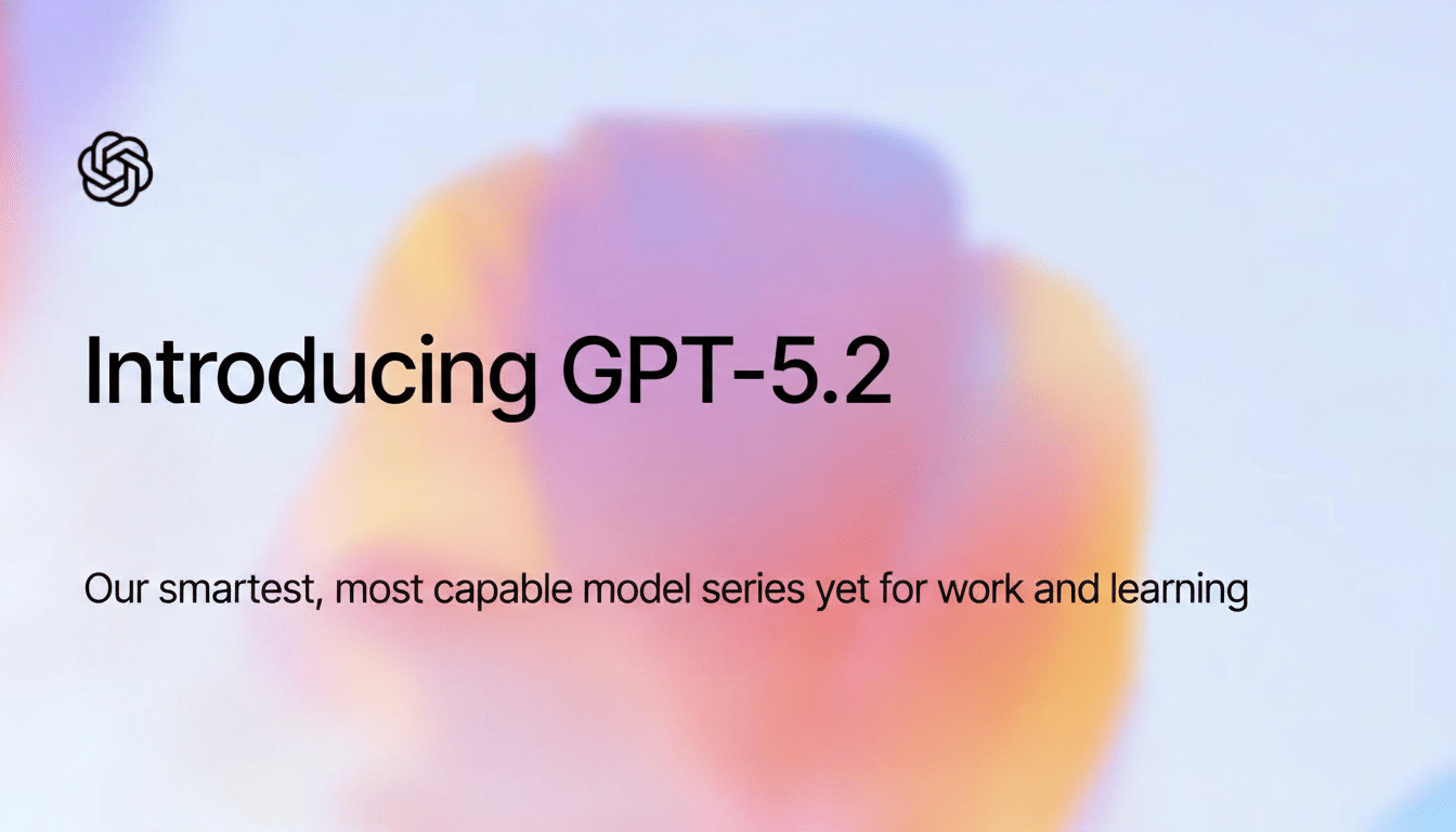 A professional presentation slide with the text Introducing GPT-5.2 and Our smartest, most capable model series yet for work and learning on a blurred, colorful background.