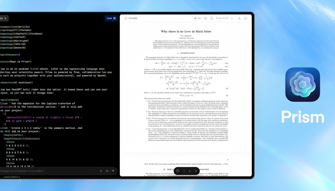 A screenshot of a document editing interface with a 16:9 aspect ratio, showing code on the left and a compiled document on the right, with a Prism logo and text on the far right.