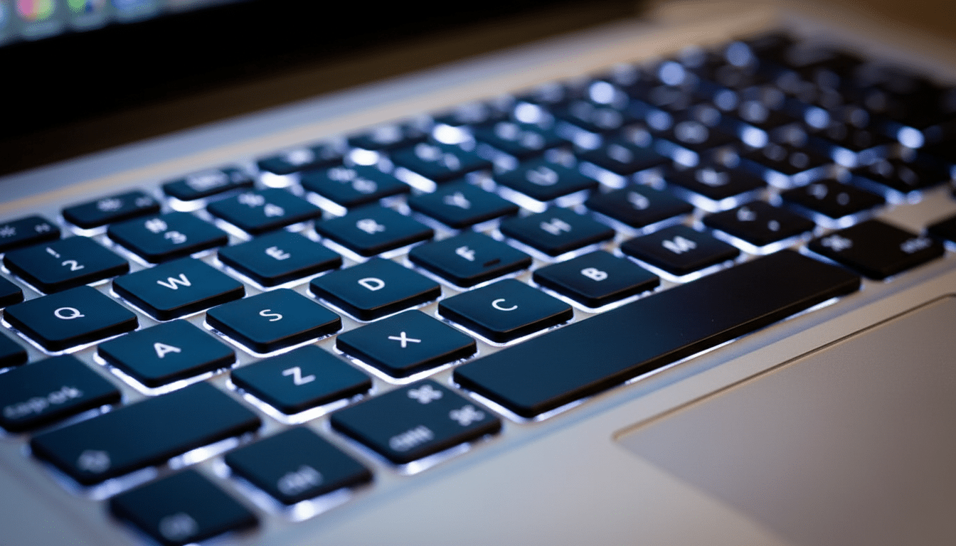 A close-up, professional shot of a backlit laptop keyboard, resized to a 16:9 aspect ratio.