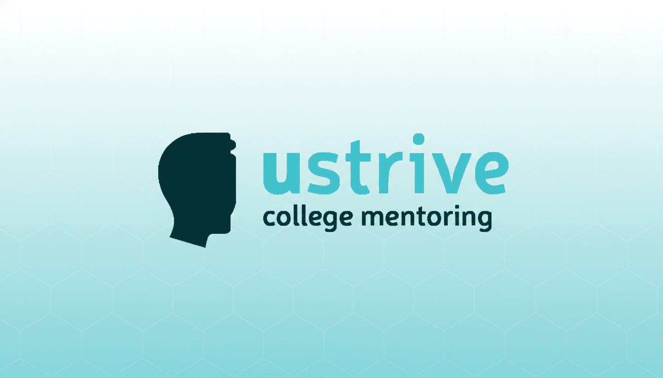 The uStrive college mentoring logo, featuring a dark teal silhouette of a head facing left, next to the word ustrive in light blue and college mentoring in dark teal, all set against a light blue gradient background with a subtle hexagonal pattern.