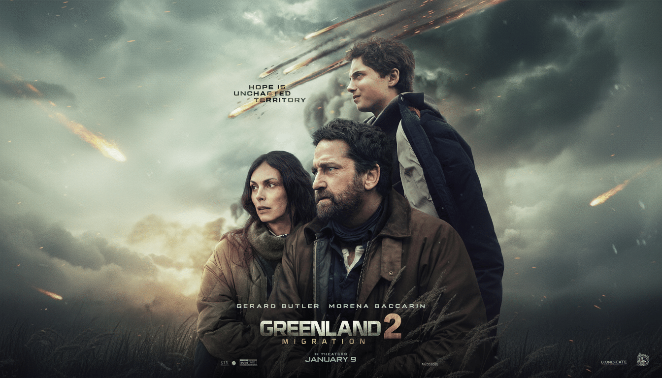 A movie poster for Greenland 2: Migration featuring Gerard Butler, Morena Baccarin, and a young man looking up at a sky filled with falling meteors.