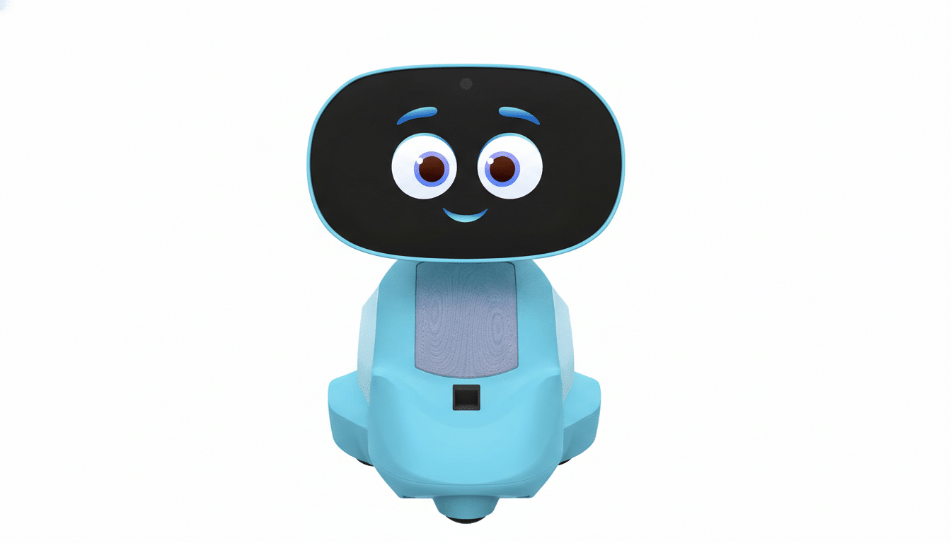 A light blue robot with a black screen for a face, displaying large, friendly eyes and a smiling mouth, set against a clean white background.