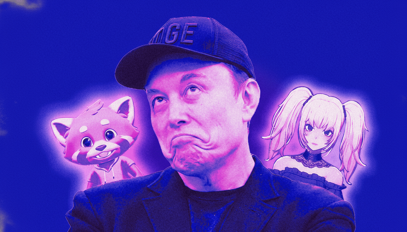A man in a black cap and jacket with a pouting expression, flanked by a red panda character on his left and an anime girl with blonde pigtails on his right, all against a vibrant blue and purple background.