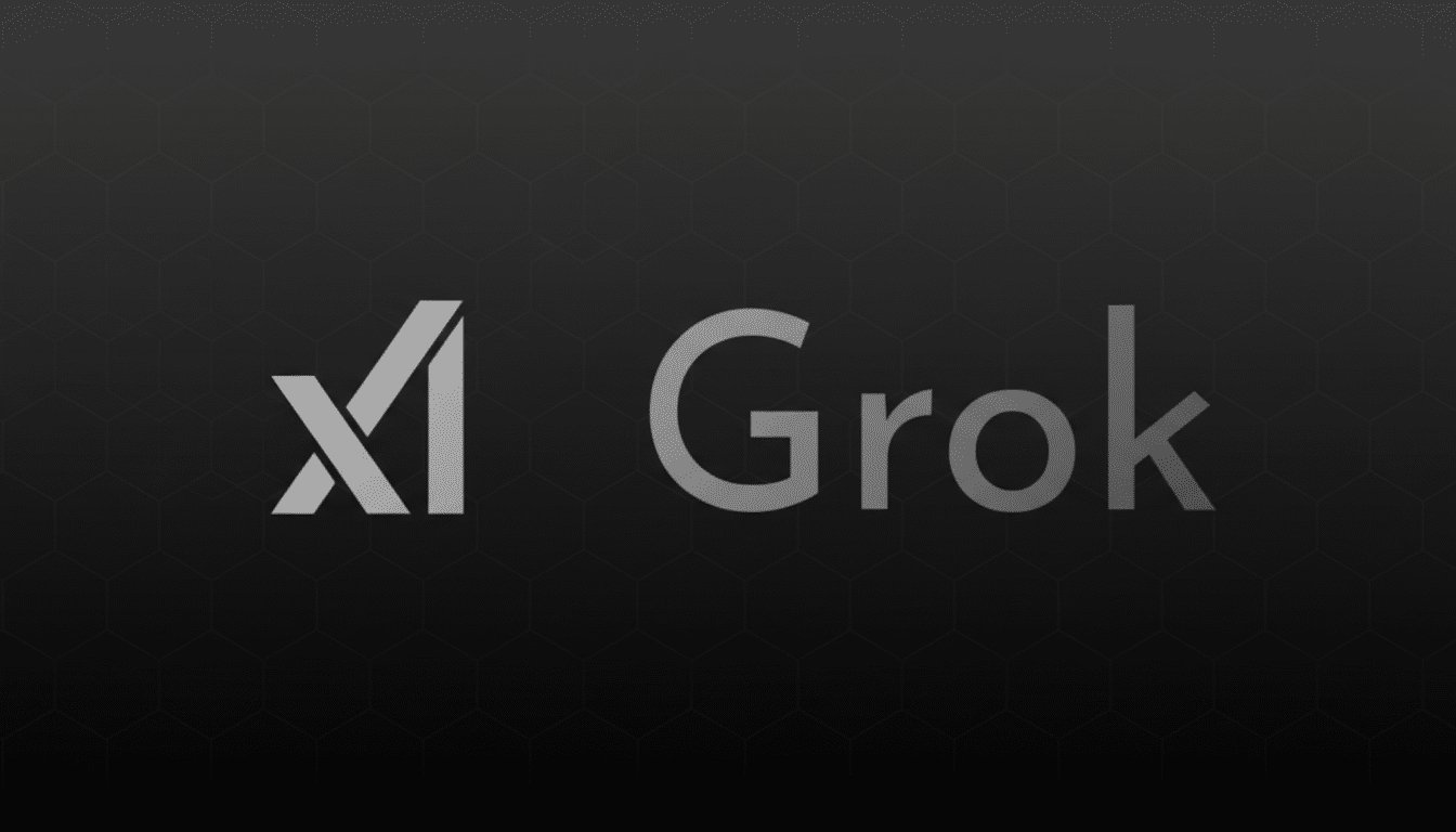 The Grok AI logo, featuring a stylized X and the word Grok in a modern sans-serif font, presented on a dark gray background with a subtle hexagonal pattern.