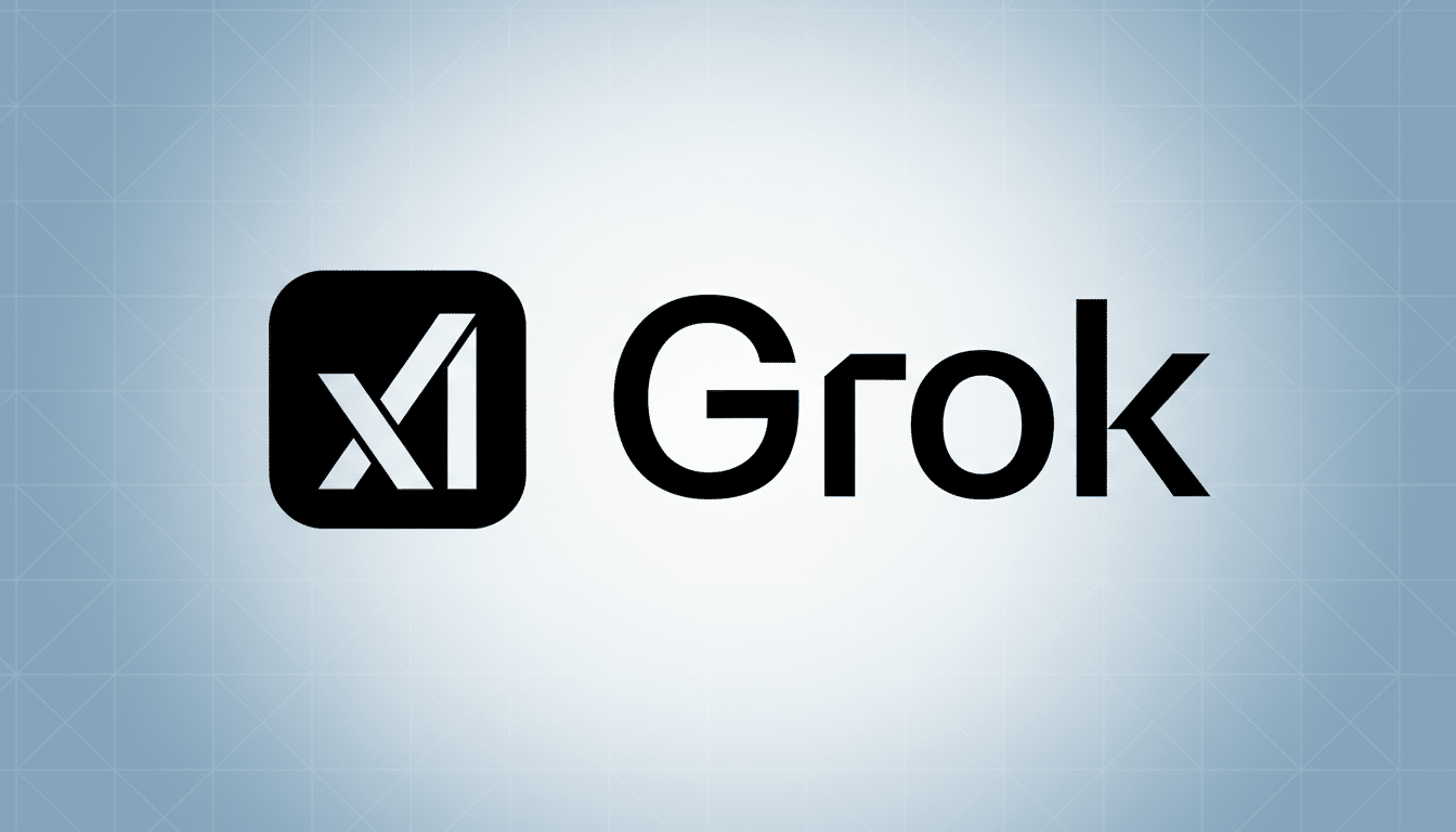 The Grok logo, featuring a stylized black X inside a rounded black square icon, next to the word Grok in black sans-serif font, all set against a professional light blue and white gradient background with a subtle grid pattern.