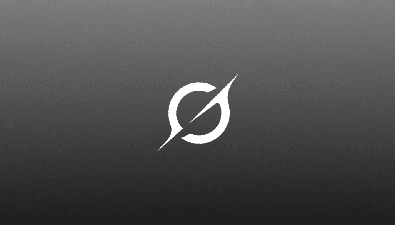 A white abstract logo, resembling a circle with a diagonal line through it, centered on a professional dark gray background with subtle hexagonal patterns.