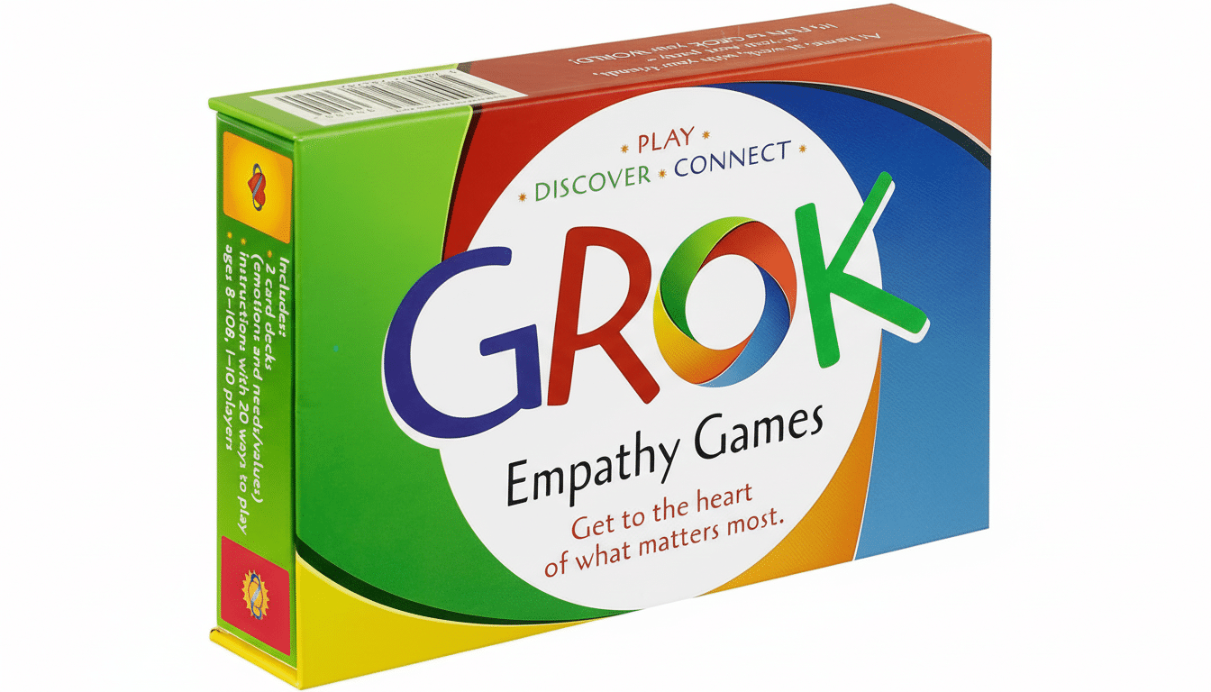A 16:9 aspect ratio image of the GROK Empathy Games box, featuring a colorful design with the word GROK prominently displayed.