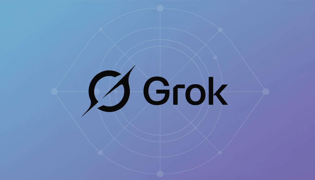 The Grok logo, featuring a stylized black G with a diagonal line through it, next to the word Grok in black sans-serif font, set against a professional 16:9 aspect ratio background with a soft blue-purple gradient and subtle geometric patterns.