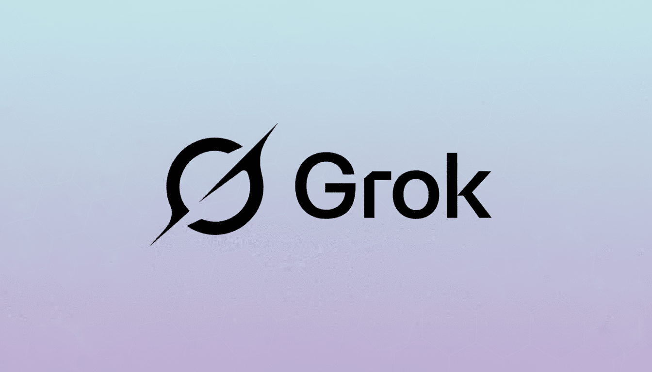 The Grok logo, featuring a stylized black G icon with a diagonal slash, next to the word Grok in black sans-serif font, all set against a professional 16:9 aspect ratio background with a soft blue-to-purple gradient and subtle geometric patterns.