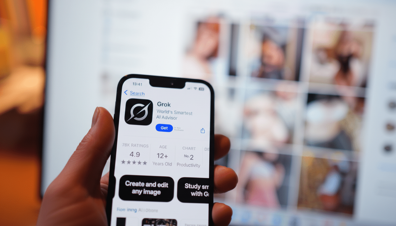 A hand holding a smartphone displaying the Grok AI app on the App Store, with a blurred background of other app icons.