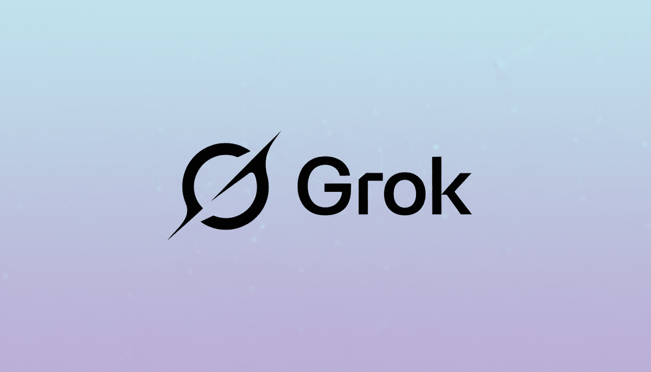 The Grok logo, featuring a stylized black G icon with a diagonal slash, next to the word Grok in black sans-serif font, all set against a professional 16:9 aspect ratio background with a soft blue and purple gradient and subtle geometric patterns.
