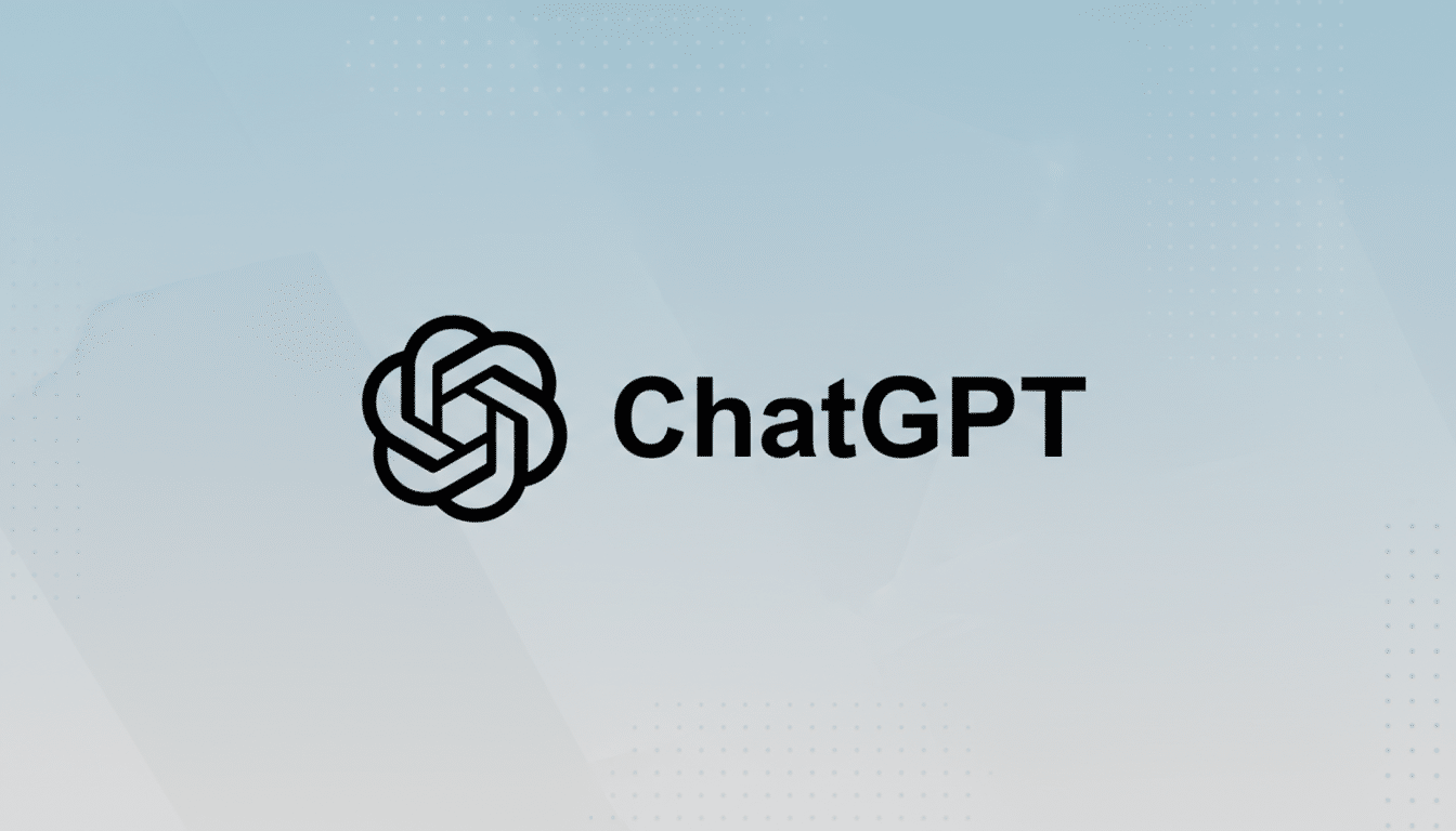 The ChatGPT logo, featuring a stylized knot icon to the left of the word ChatGPT in a bold, sans-serif font, presented on a professional flat design background with soft blue-grey gradients and subtle geometric patterns.