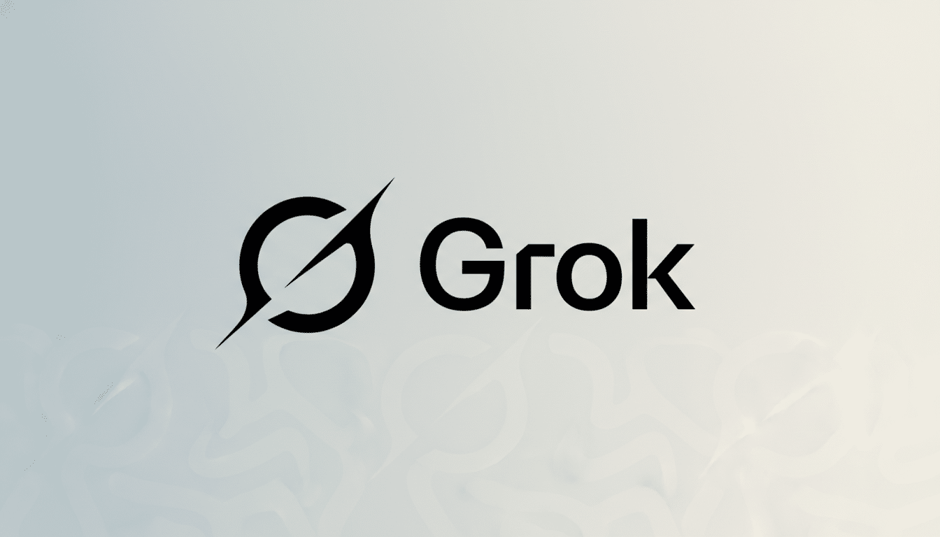 The Grok logo, featuring a stylized black G symbol with a diagonal slash, next to the word Grok in black sans-serif font, all set against a professional light gray gradient background with subtle, soft patterns.