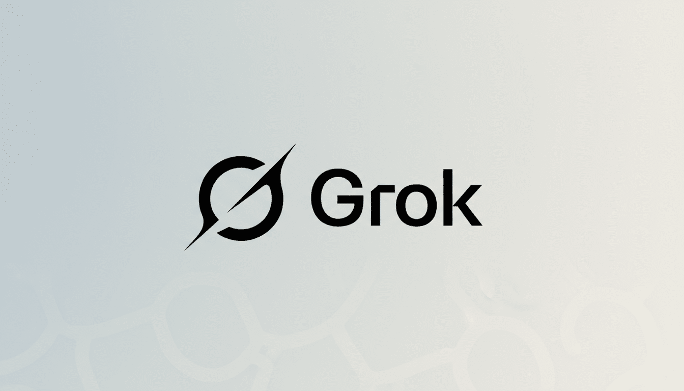 The Grok logo, featuring a stylized black G icon with a diagonal slash, next to the word Grok in black sans-serif font, all presented on a professional 16:9 aspect ratio background with a subtle light gray gradient and soft, abstract geometric patterns.