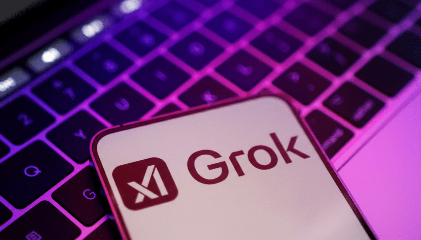 A smartphone displaying the Grok AI logo and name is placed on a laptop keyboard, illuminated by purple and pink light.