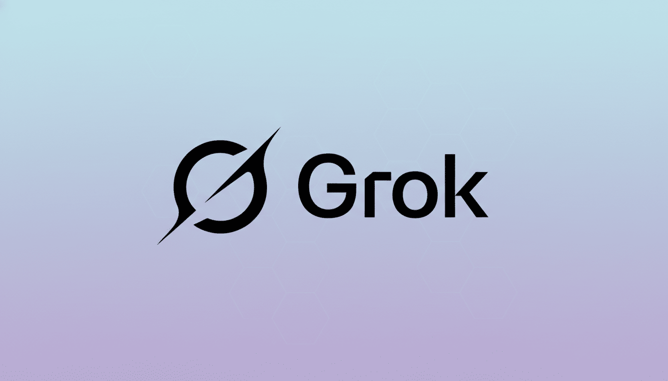 The Grok logo, featuring a stylized black G symbol with a diagonal slash, next to the word Grok in black sans-serif font, all set against a professional 16:9 aspect ratio background with a soft blue and purple gradient and subtle hexagonal patterns.