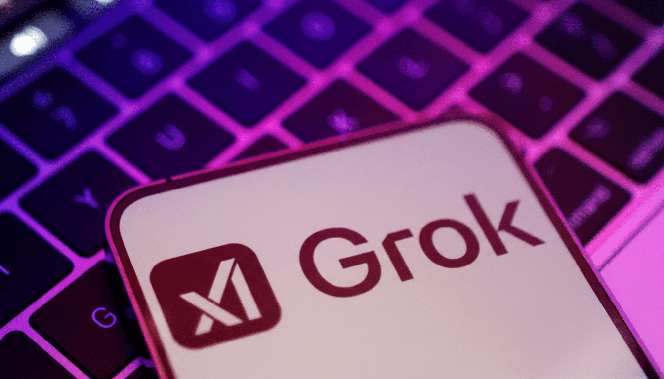A smartphone displaying the Grok logo and name is placed on a laptop keyboard, illuminated by purple and pink light.