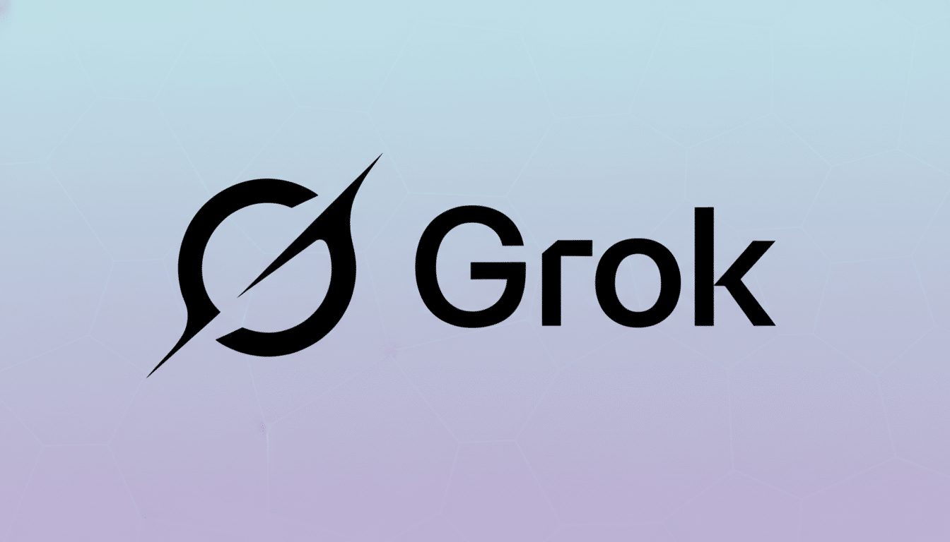 The Grok logo, featuring a stylized black G symbol with a diagonal slash, next to the word Grok in black sans-serif font, all set against a professional 16:9 aspect ratio background with a soft blue and purple gradient and subtle geometric patterns.
