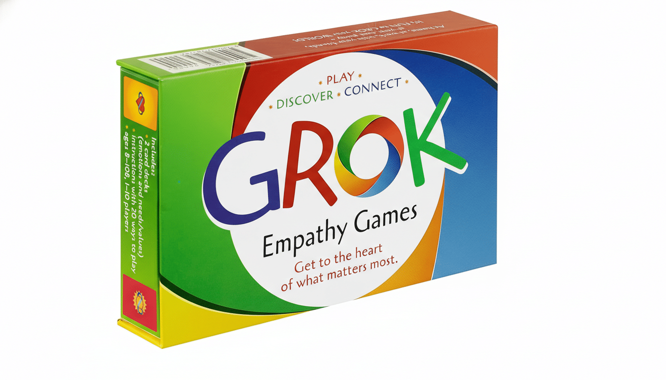 A 16:9 aspect ratio image of the Grok Empathy Games box, featuring a colorful design with the word GROK in large letters and Empathy Games below it. The box is set against a clean, professional white background.