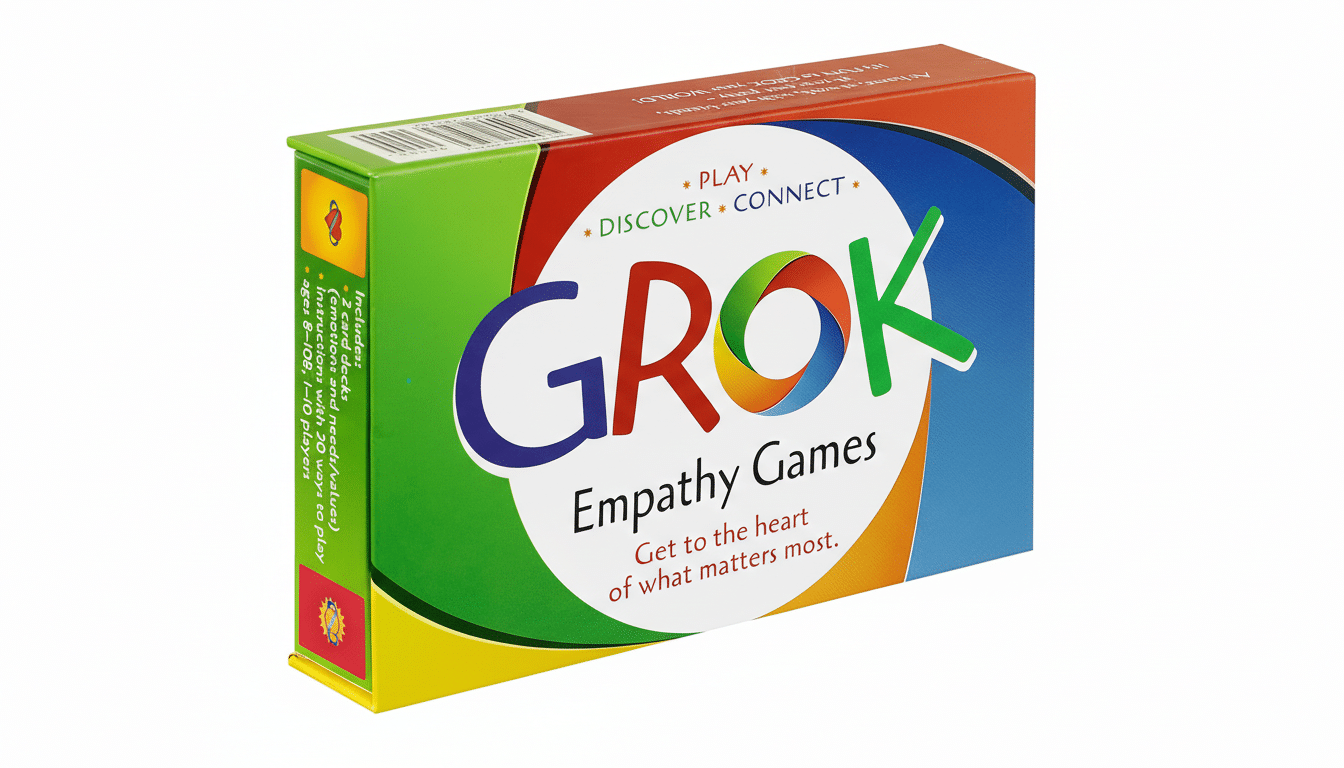 A 16:9 aspect ratio image of the GROK Empathy Games box, featuring a clean white background.