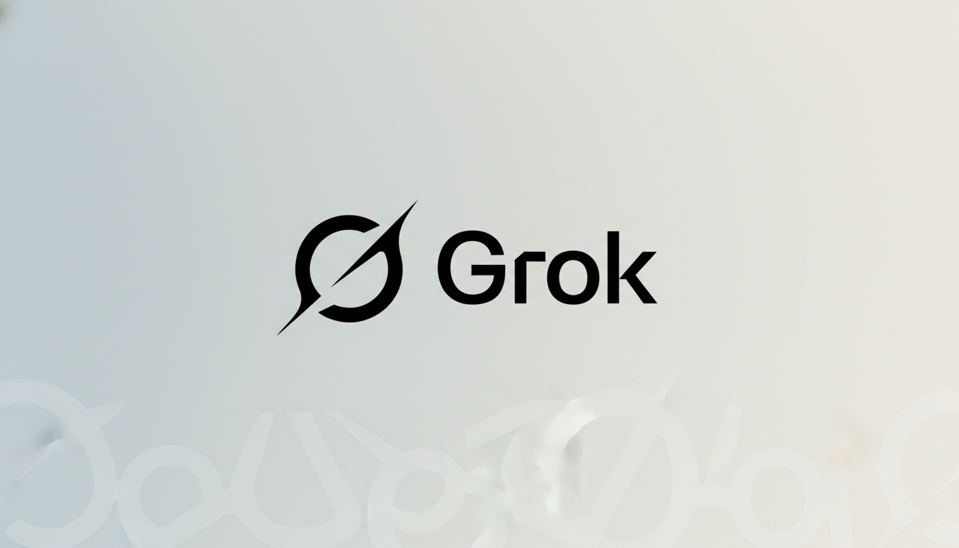 The Grok logo, featuring a stylized black G icon with a diagonal slash, next to the word Grok in black sans-serif font, presented on a professional light gray gradient background with subtle, abstract patterns.