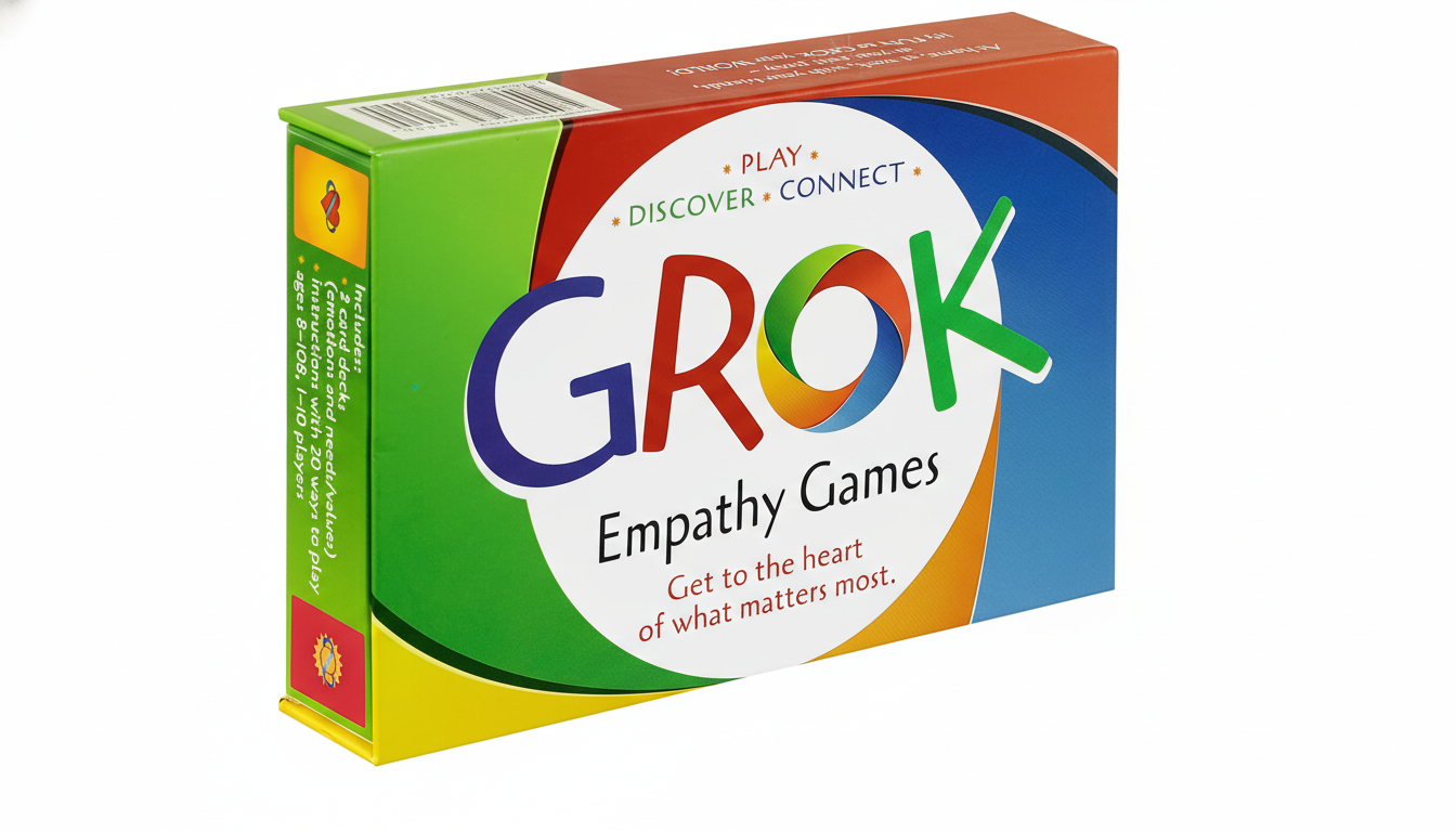 A 16:9 aspect ratio image of the GROK Empathy Games box, featuring a colorful design with the word GROK in large, multi-colored letters. The box is set against a clean white background.