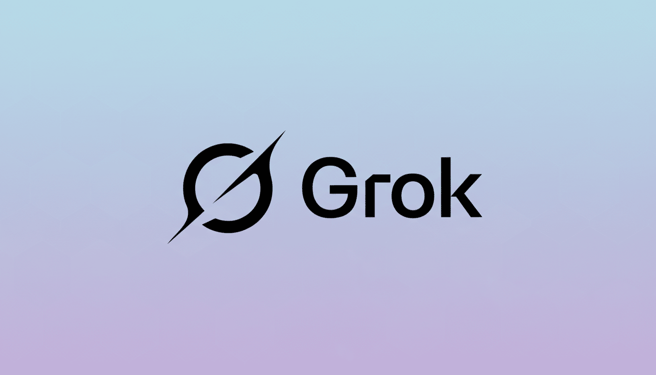 The Grok logo, featuring a stylized black G icon with a diagonal slash, next to the word Grok in black sans-serif font, all set against a professional 16:9 aspect ratio background with a soft blue and purple gradient and subtle geometric patterns.