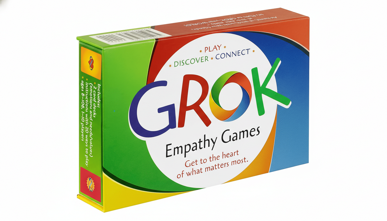 A 16:9 aspect ratio image of the GROK Empathy Games box, featuring a colorful design with the words Play • Discover • Connect and Get to the heart of what matters most. The background is a clean, professional white.