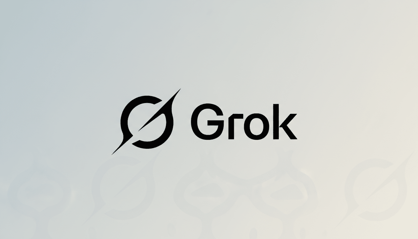 The Grok logo, featuring a stylized black G icon with a diagonal slash, next to the word Grok in black sans-serif font, all set against a professional 16:9 aspect ratio background with a subtle light gray to off-white gradient and faint, ghosted patterns of the G icon.
