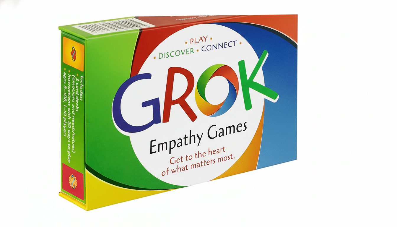 A Grok Empathy Games box, resized to a 16:9 aspect ratio, featuring a colorful design with the word GROK in large letters and Empathy Games below it.