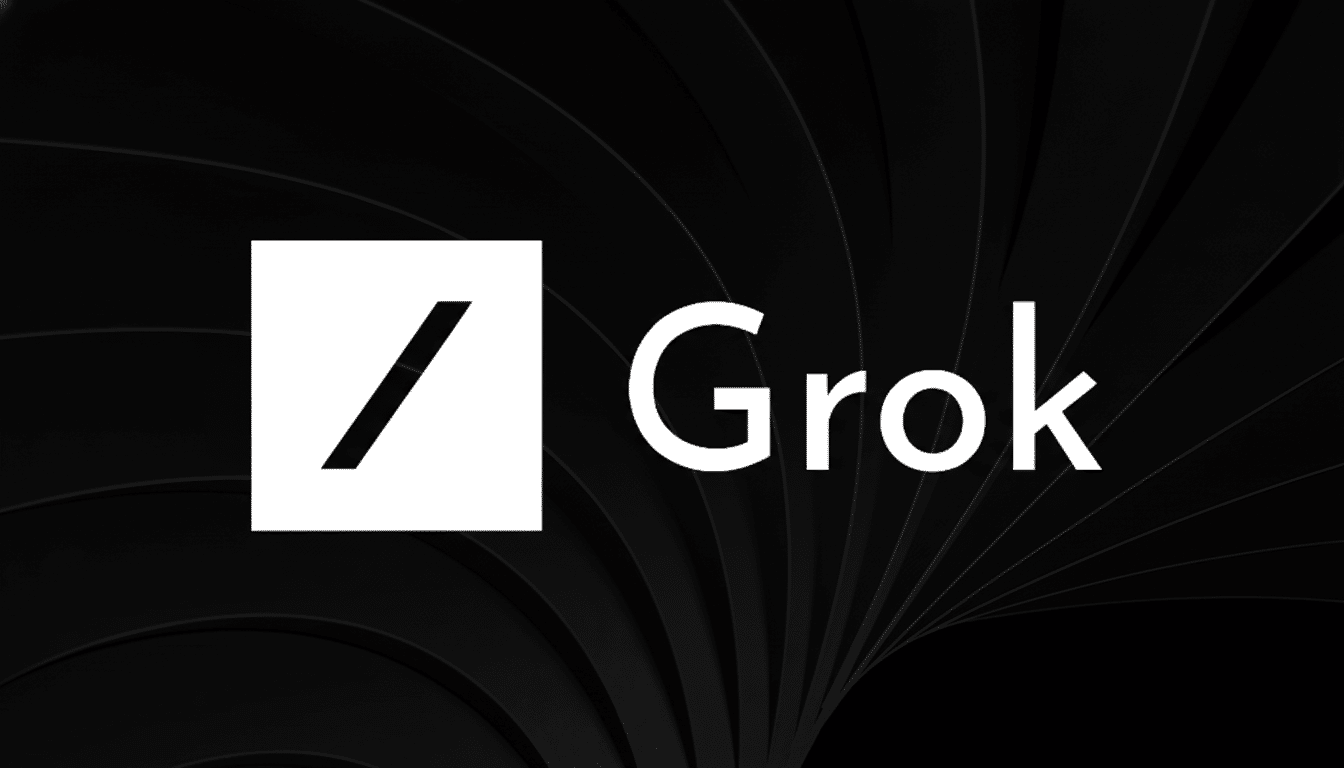 The Grok logo, featuring a white square with a black diagonal line next to the word Grok in white, set against a dark, subtly textured background.