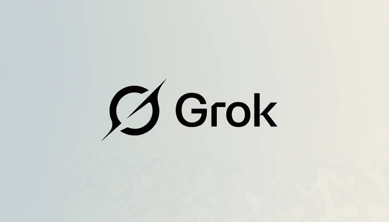 The Grok logo, featuring a stylized black G icon with a diagonal slash, next to the word Grok in black sans-serif font, all set against a professional 16:9 aspect ratio background with a subtle light gray to white gradient and soft, abstract patterns.