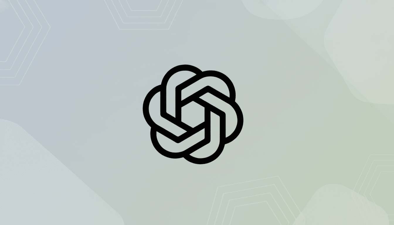 A black, six-lobed knot icon with a hexagonal center, set against a professional flat design background with soft gray and green gradients and subtle geometric patterns.