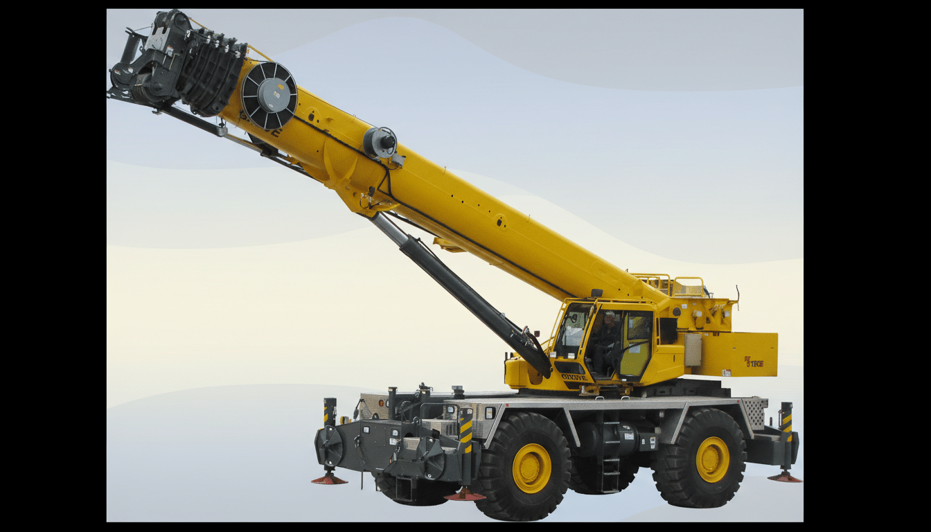 A large yellow mobile crane with its boom extended, set against a professional flat design background with soft gradients.