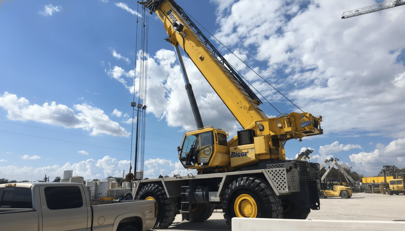 A large yellow Bigge crane with a long boom extended upwards, parked on a construction site under a partly cloudy blue sky. A silver pickup truck is visible in the foreground.