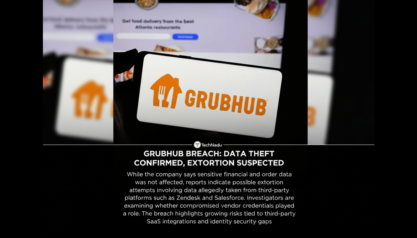 A Grubhub logo displayed on a smartphone screen, with a news headline below it stating GRUBHUB BREACH: DATA THEFT CONFIRMED, EXTORTION SUSPECTED. The image has been resized to a 16:9 aspect ratio with a black background.